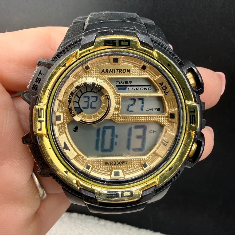 Armitron Digital Watch Black Gold Chronograph Sport Mens 7 Inch 28937